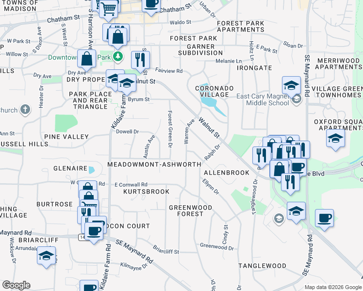 map of restaurants, bars, coffee shops, grocery stores, and more near 718 Warren Avenue in Cary
