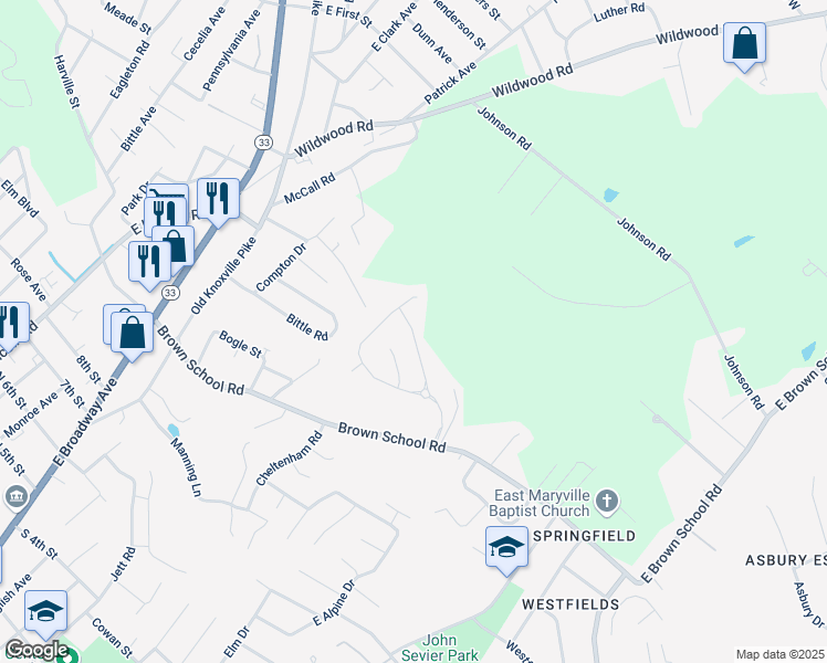 map of restaurants, bars, coffee shops, grocery stores, and more near 2732 Barsha Fields Lane in Maryville