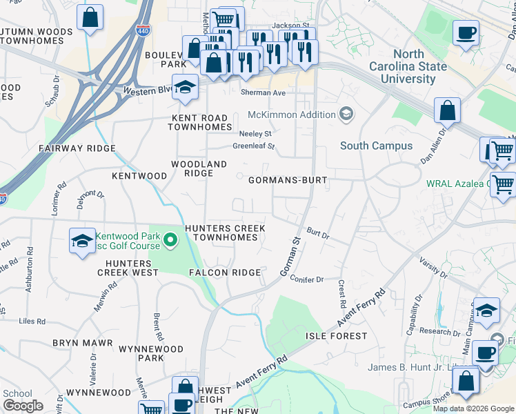 map of restaurants, bars, coffee shops, grocery stores, and more near 3833 Kelford Street in Raleigh
