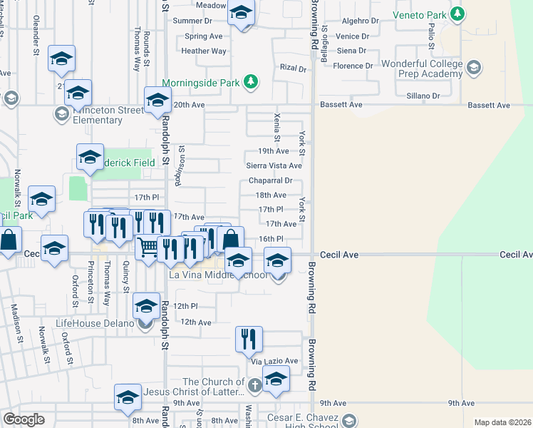 map of restaurants, bars, coffee shops, grocery stores, and more near 2132 17th Place in Delano
