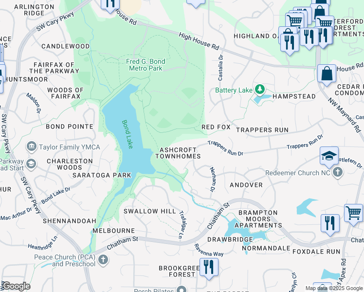 map of restaurants, bars, coffee shops, grocery stores, and more near 108 Luxon Place in Cary