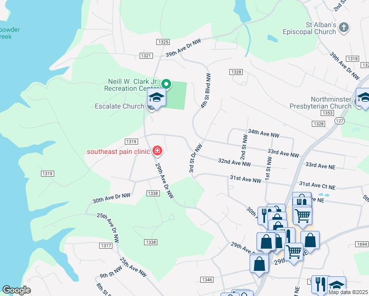 map of restaurants, bars, coffee shops, grocery stores, and more near 421 32nd Avenue Drive Northwest in Hickory