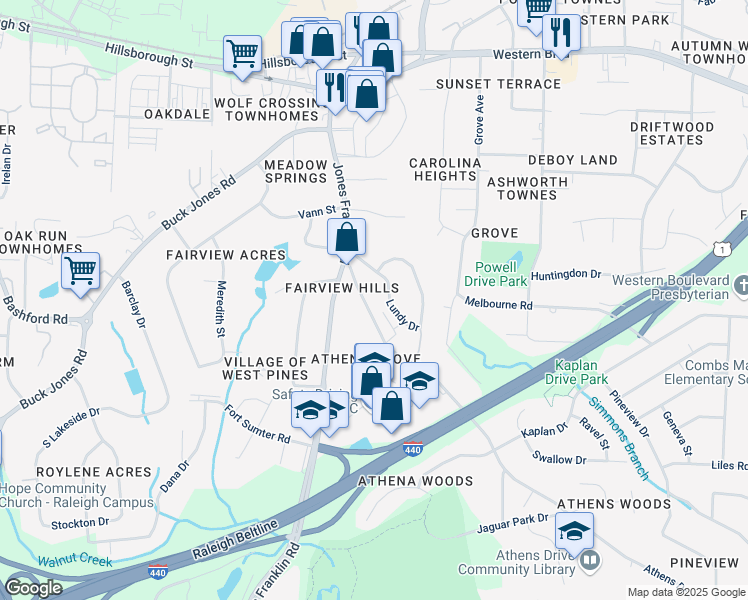 map of restaurants, bars, coffee shops, grocery stores, and more near 831 Athens Drive in Raleigh