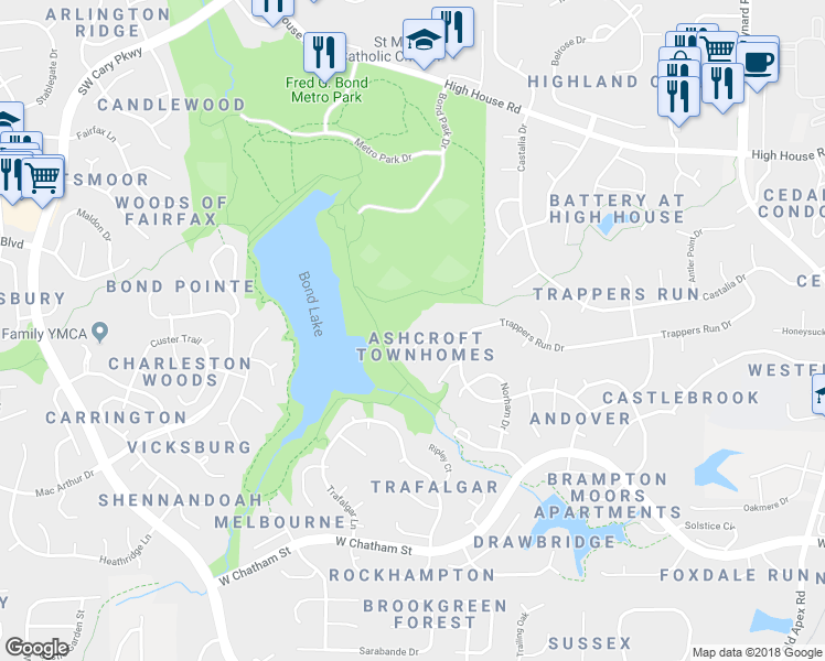 map of restaurants, bars, coffee shops, grocery stores, and more near 130 Luxon Place in Cary