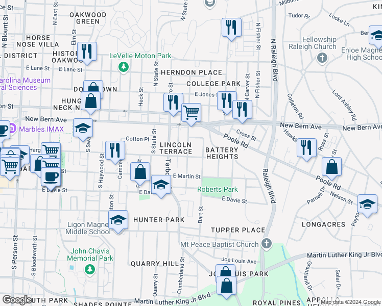 map of restaurants, bars, coffee shops, grocery stores, and more near 123 South Pettigrew Street in Raleigh