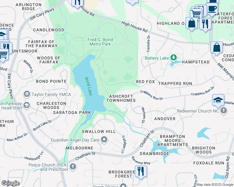 map of restaurants, bars, coffee shops, grocery stores, and more near 130 Luxon Place in Cary