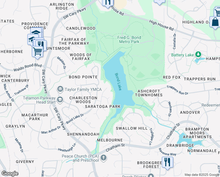 map of restaurants, bars, coffee shops, grocery stores, and more near 114 Crosswind Drive in Cary