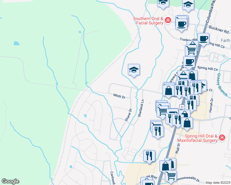 map of restaurants, bars, coffee shops, grocery stores, and more near 1710 Whitt Drive in Spring Hill