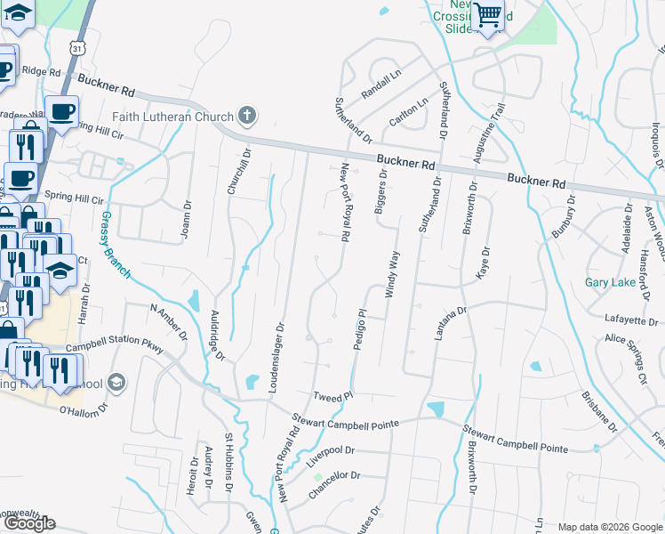 map of restaurants, bars, coffee shops, grocery stores, and more near 2733 New Port Royal Road in Thompson's Station