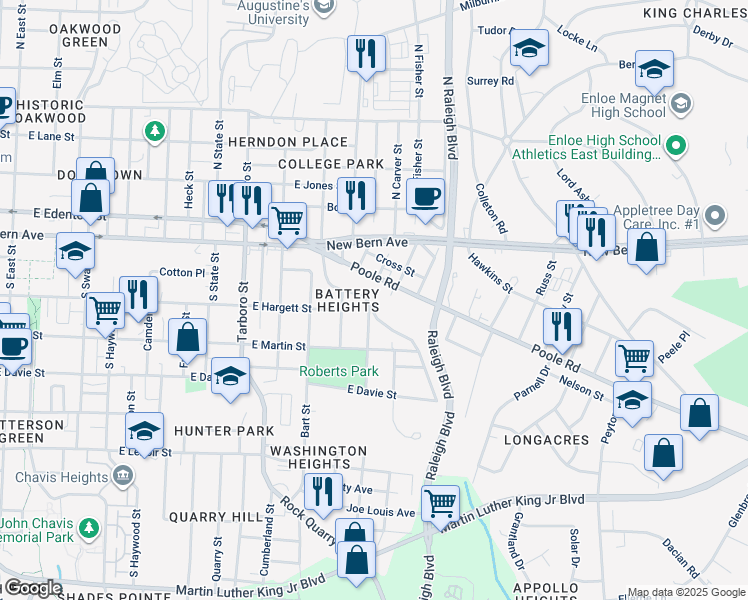 map of restaurants, bars, coffee shops, grocery stores, and more near 1501 Battery Dr in Raleigh