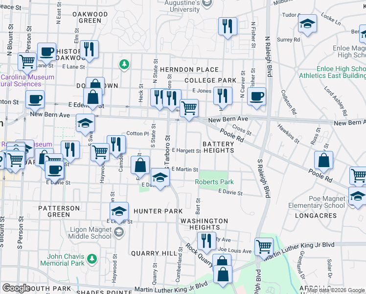 map of restaurants, bars, coffee shops, grocery stores, and more near 114 South Pettigrew Street in Raleigh