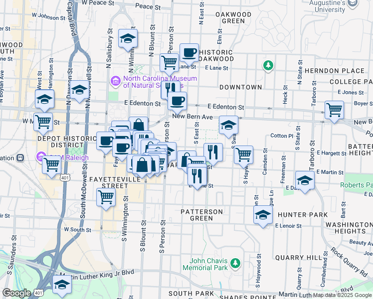 map of restaurants, bars, coffee shops, grocery stores, and more near 499 East Hargett Street in Raleigh