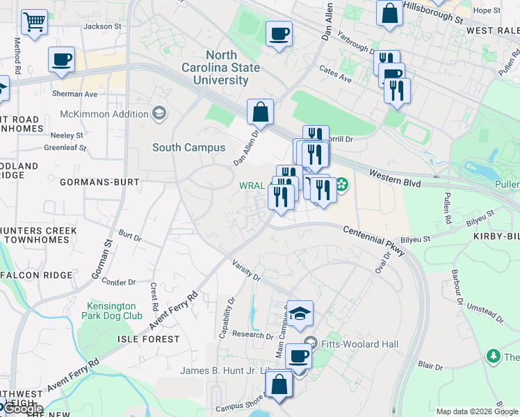 map of restaurants, bars, coffee shops, grocery stores, and more near 2317 Champion Court in Raleigh
