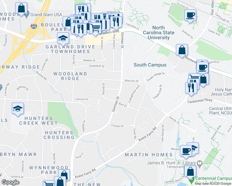 map of restaurants, bars, coffee shops, grocery stores, and more near 3805 Kelford Street in Raleigh