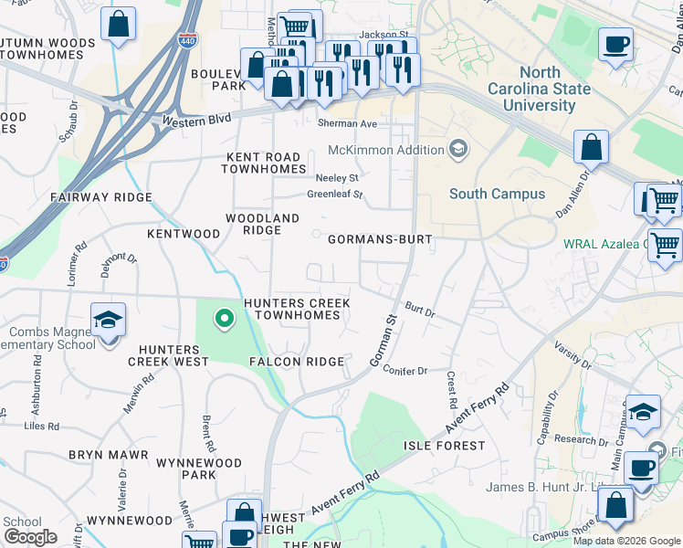 map of restaurants, bars, coffee shops, grocery stores, and more near 3833 Kelford Street in Raleigh