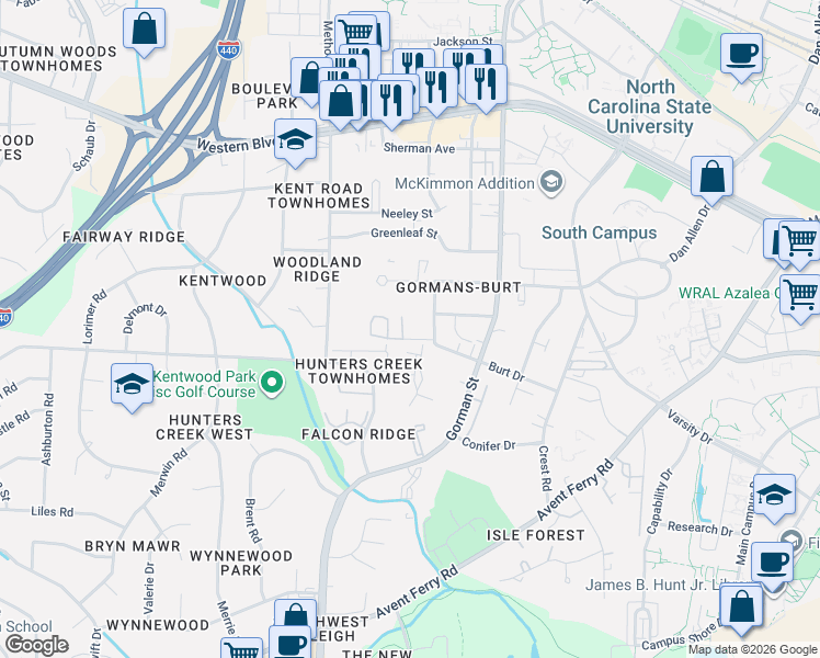map of restaurants, bars, coffee shops, grocery stores, and more near 3833 Kelford Street in Raleigh
