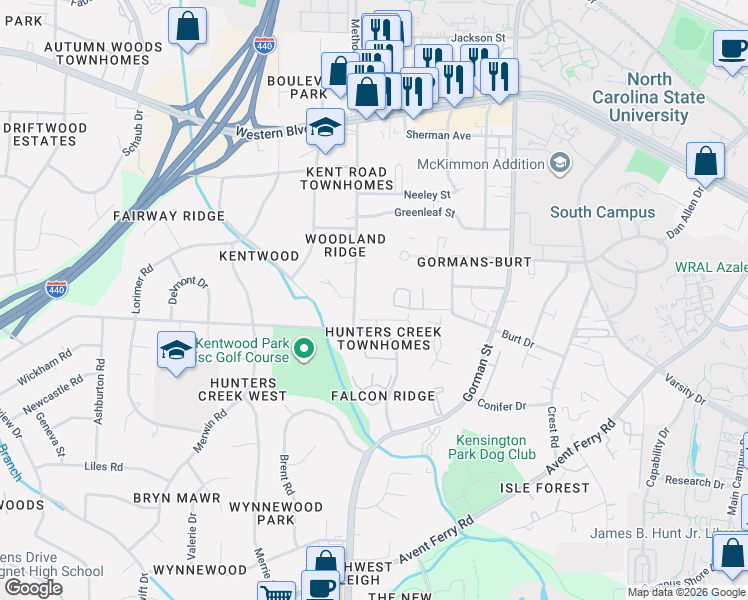 map of restaurants, bars, coffee shops, grocery stores, and more near 1329 Kent Road in Raleigh