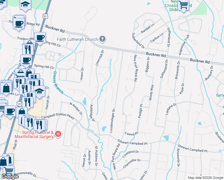 map of restaurants, bars, coffee shops, grocery stores, and more near 2943 Churchill Lane in Thompson's Station