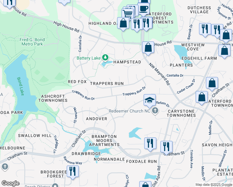 map of restaurants, bars, coffee shops, grocery stores, and more near 210 Trappers Run Drive in Cary