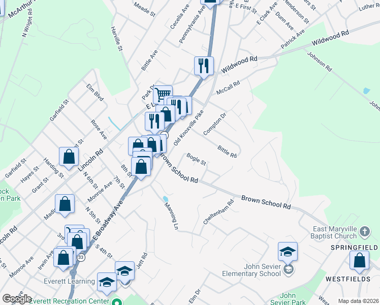map of restaurants, bars, coffee shops, grocery stores, and more near 322 Bogle Street in Maryville