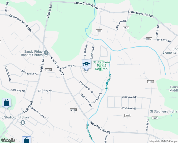 map of restaurants, bars, coffee shops, grocery stores, and more near 2121 35th Avenue Drive Northeast in Hickory