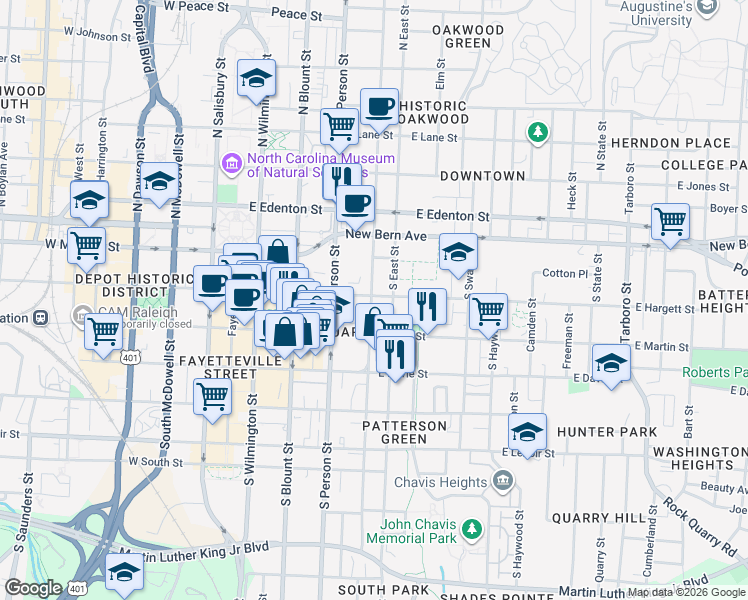 map of restaurants, bars, coffee shops, grocery stores, and more near 408 East Hargett Street in Raleigh