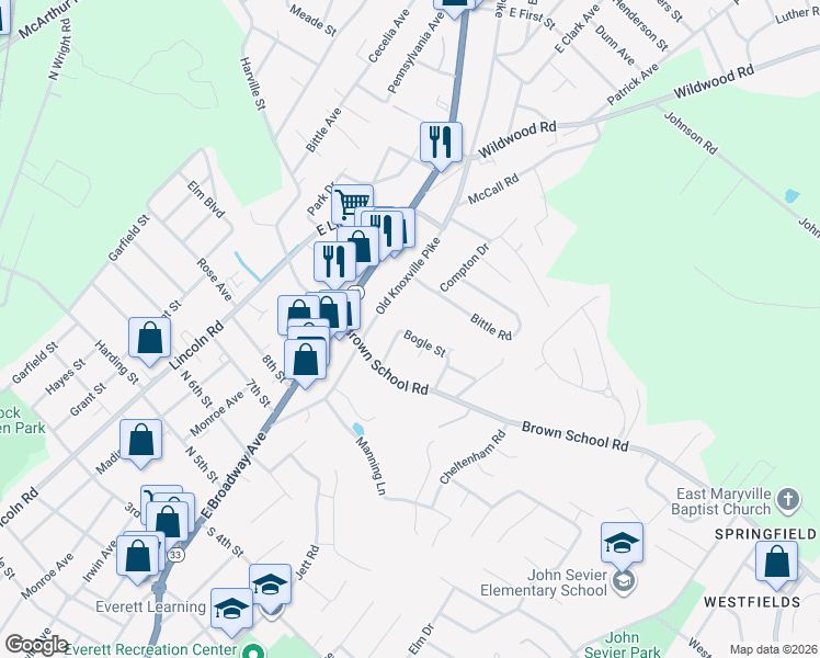 map of restaurants, bars, coffee shops, grocery stores, and more near 320 Bogle Street in Maryville