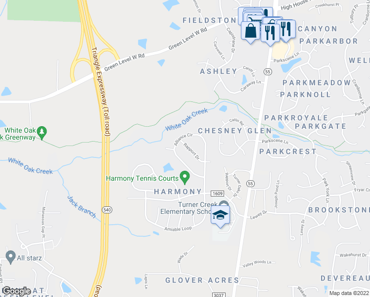 map of restaurants, bars, coffee shops, grocery stores, and more near 106 Rapport Drive in Cary