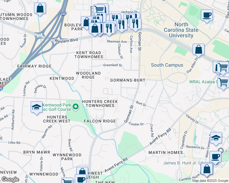 map of restaurants, bars, coffee shops, grocery stores, and more near 3833 Kelford Street in Raleigh