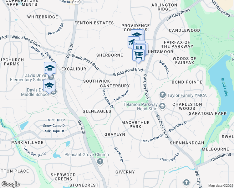 map of restaurants, bars, coffee shops, grocery stores, and more near 107 Gillespie Court in Cary