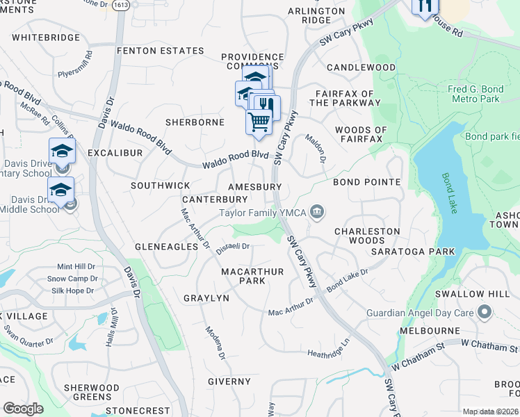 map of restaurants, bars, coffee shops, grocery stores, and more near 202 Ashley Brook Court in Cary