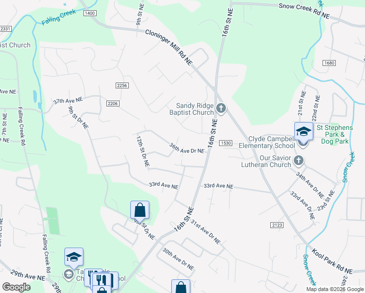 map of restaurants, bars, coffee shops, grocery stores, and more near 1419 36th Avenue Drive Northeast in Hickory