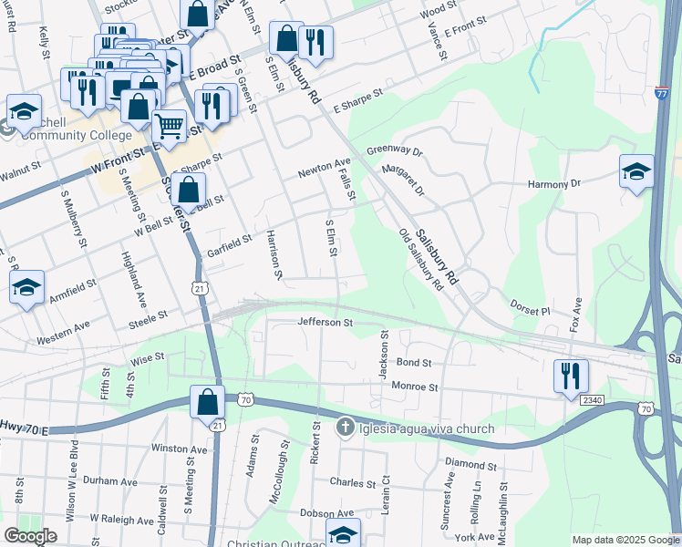 map of restaurants, bars, coffee shops, grocery stores, and more near 401 Chambers Street in Statesville