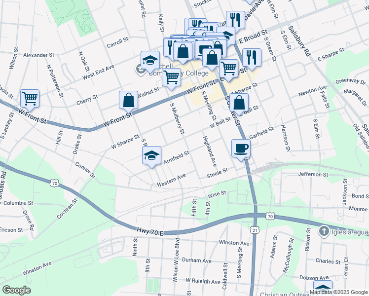 map of restaurants, bars, coffee shops, grocery stores, and more near 516 South Mulberry Street in Statesville