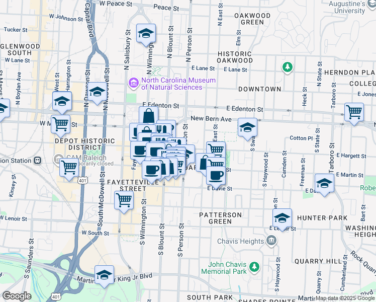 map of restaurants, bars, coffee shops, grocery stores, and more near 316 West Hargett Street in Raleigh