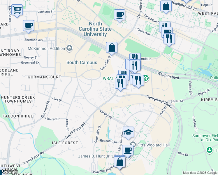 map of restaurants, bars, coffee shops, grocery stores, and more near 2317 Champion Court in Raleigh