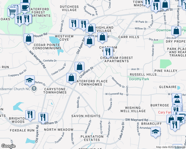 map of restaurants, bars, coffee shops, grocery stores, and more near 200 Danforth Drive in Cary