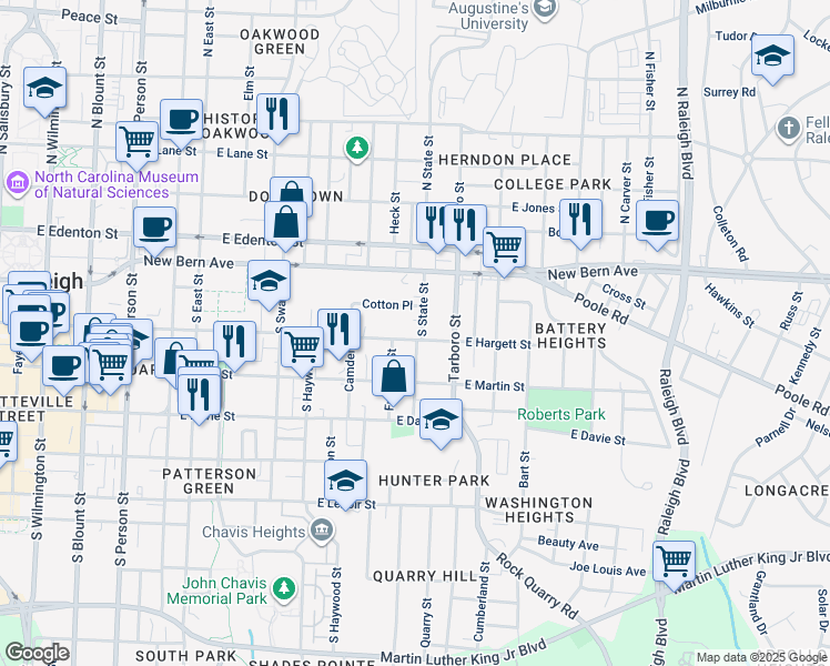 map of restaurants, bars, coffee shops, grocery stores, and more near 911 East Hargett Street in Raleigh