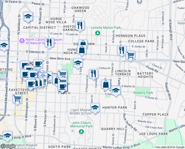map of restaurants, bars, coffee shops, grocery stores, and more near 715 East Hargett Street in Raleigh