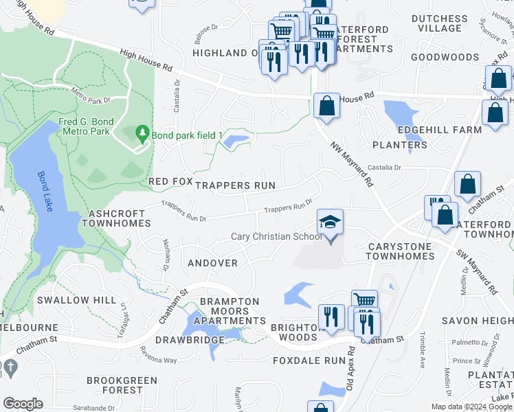 map of restaurants, bars, coffee shops, grocery stores, and more near 210 Trappers Run Drive in Cary