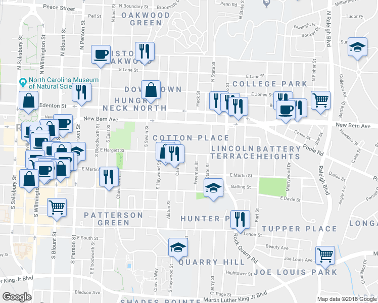 map of restaurants, bars, coffee shops, grocery stores, and more near 819 East Hargett Street in Raleigh