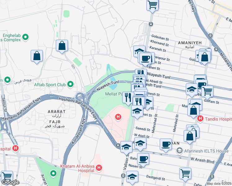 map of restaurants, bars, coffee shops, grocery stores, and more near Valiasr Street in Tehran