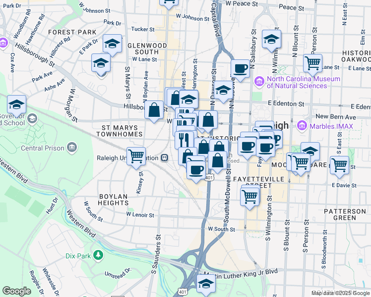 map of restaurants, bars, coffee shops, grocery stores, and more near 223 South West Street in Raleigh