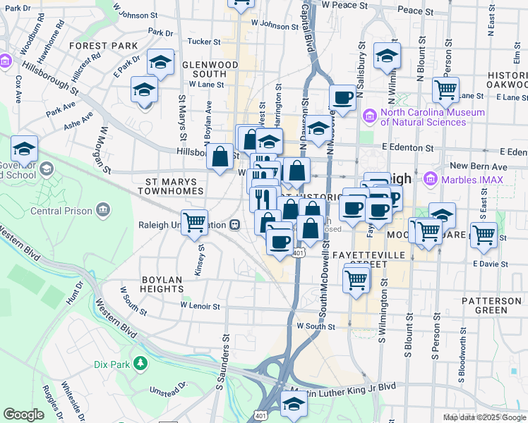 map of restaurants, bars, coffee shops, grocery stores, and more near 223 South West Street in Raleigh