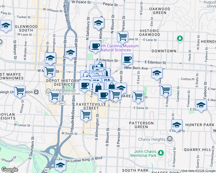 map of restaurants, bars, coffee shops, grocery stores, and more near 112 East Hargett Street in Raleigh