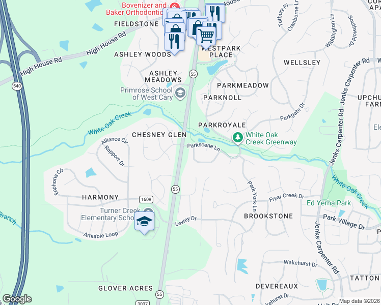 map of restaurants, bars, coffee shops, grocery stores, and more near 131 Parkcrest Drive in Cary