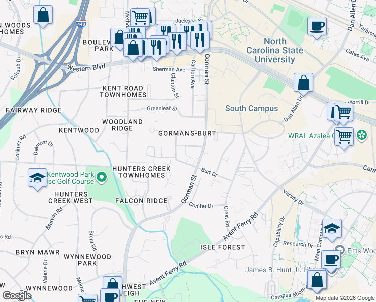 map of restaurants, bars, coffee shops, grocery stores, and more near 3805 Kelford Street in Raleigh
