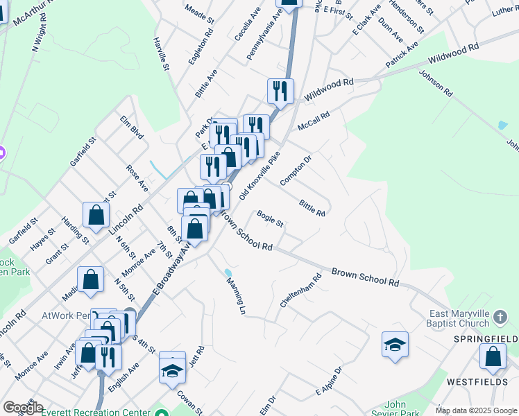 map of restaurants, bars, coffee shops, grocery stores, and more near 310 Bogle Street in Maryville