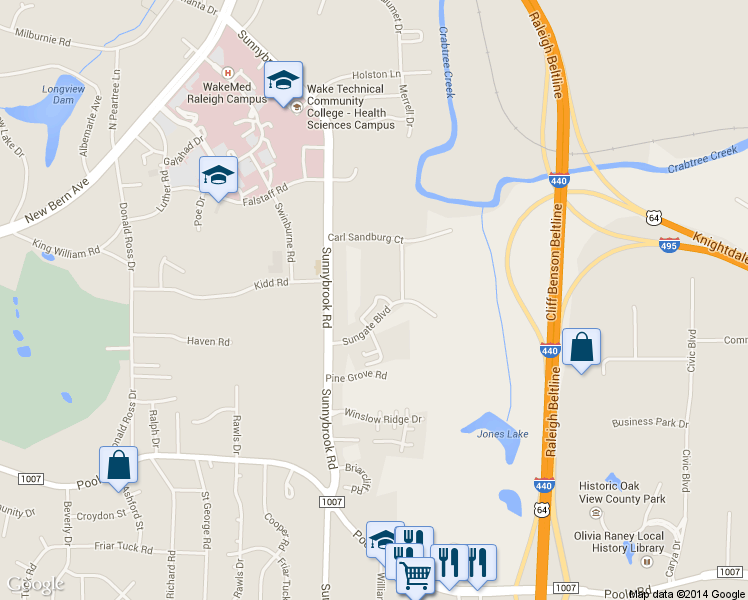 map of restaurants, bars, coffee shops, grocery stores, and more near 217 Sunnybrook Road in Raleigh