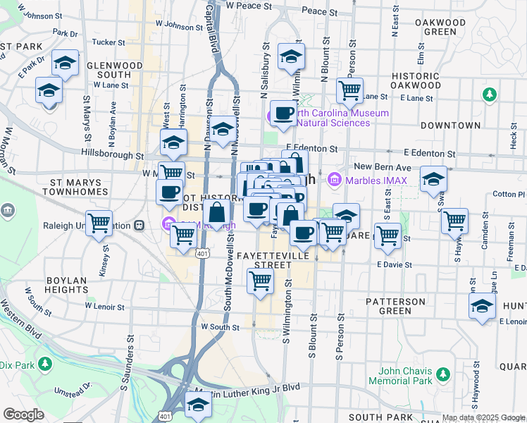 map of restaurants, bars, coffee shops, grocery stores, and more near 107 West Hargett Street in Raleigh